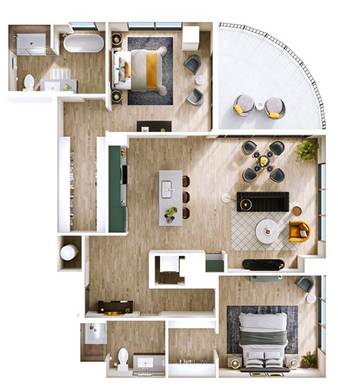 Floor plan for 2 beds, 2 baths, 1374 sqft